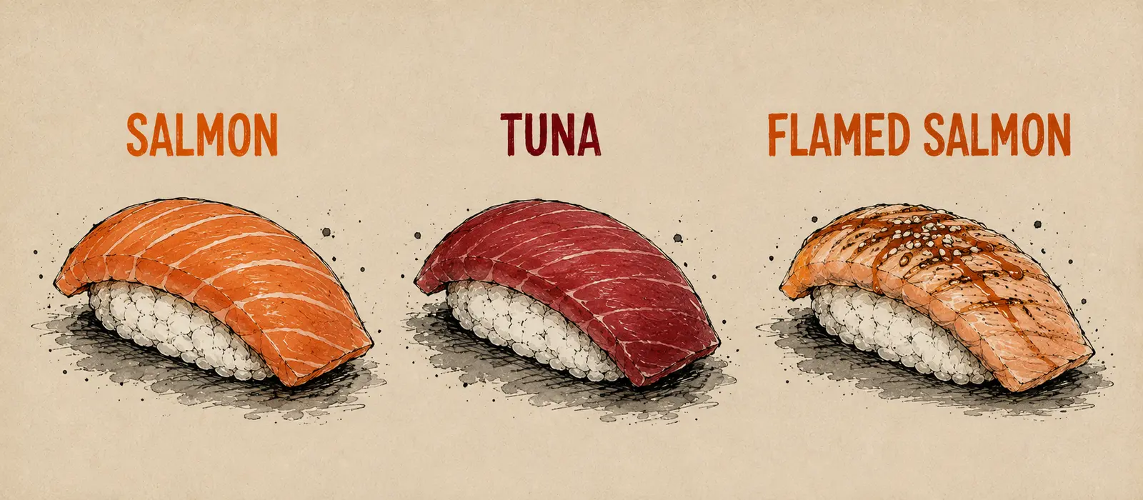 Nigiri Salmon, Tuna und Flamed Salmon