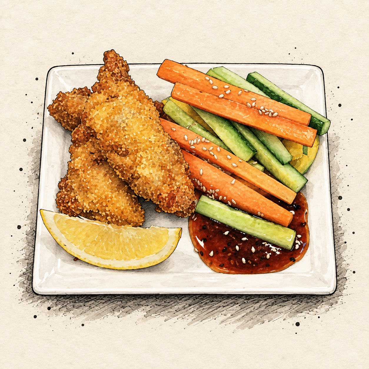 Knuspriger Snack mit frischer Beilage und Zitrone