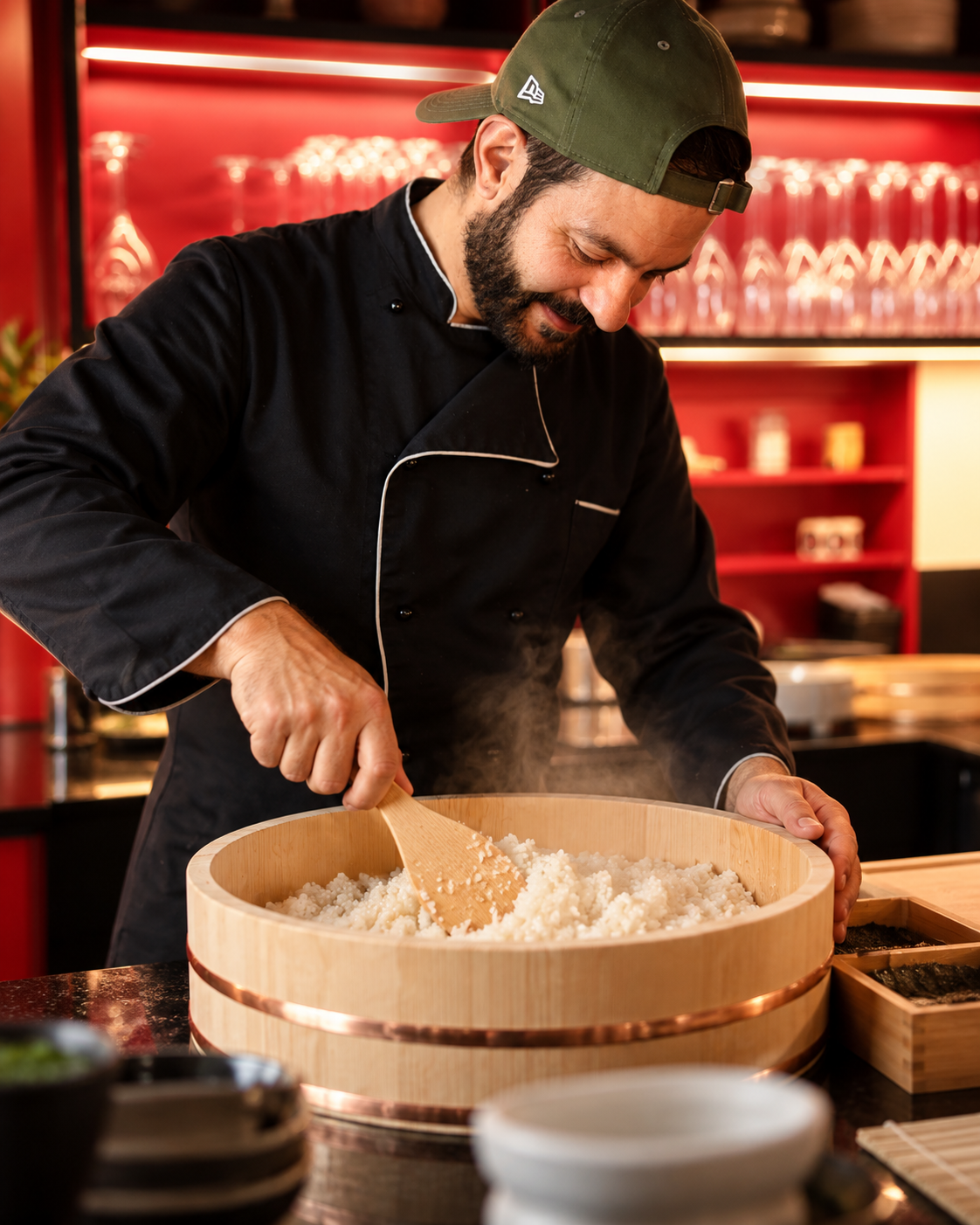 Telmo bereitet Sushi-Reis im Hangiri zu